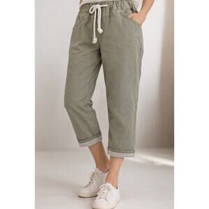 🥑 Avocado Green 7/8 Casual Pants | Elastic Waist Relaxed Cropped Trousers | S